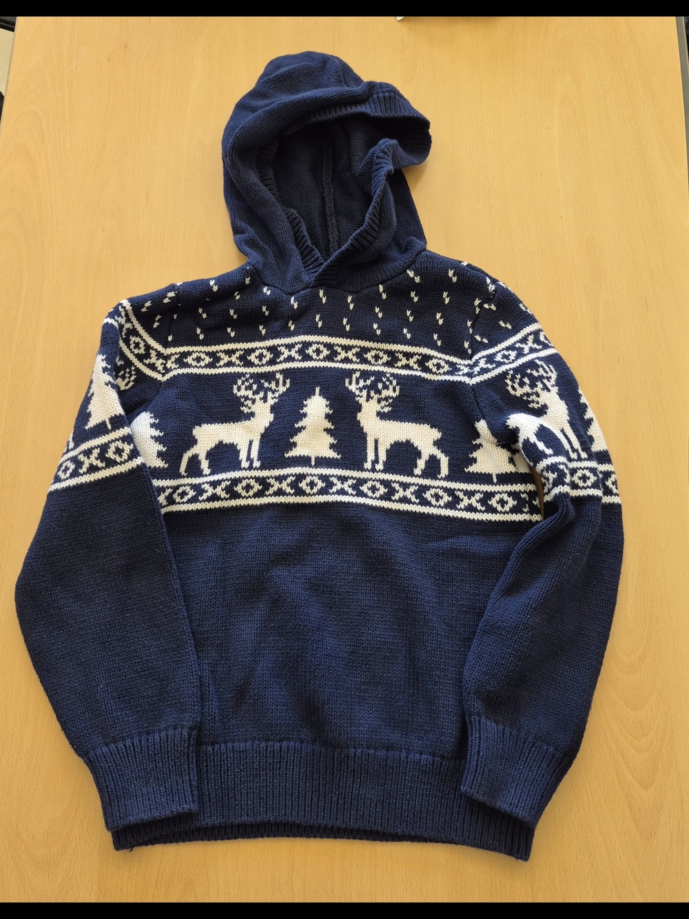 Old Navy Navy and White Hooded Fair Isle Reindeer Sweater